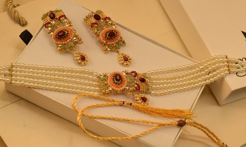Elegant Design Gold Plated Chokr Set With Earrings for Girls/Women