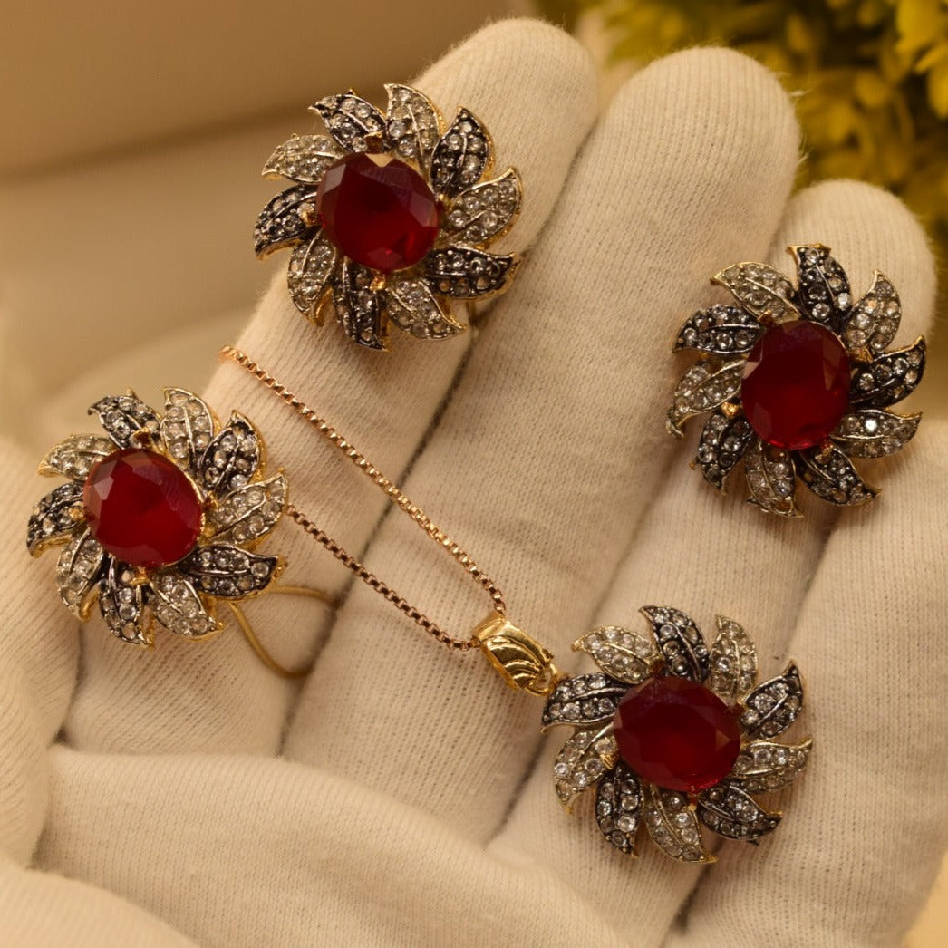 Unique Design Real Stone Gold Plated Necklace Set With Ring for Girls/Women