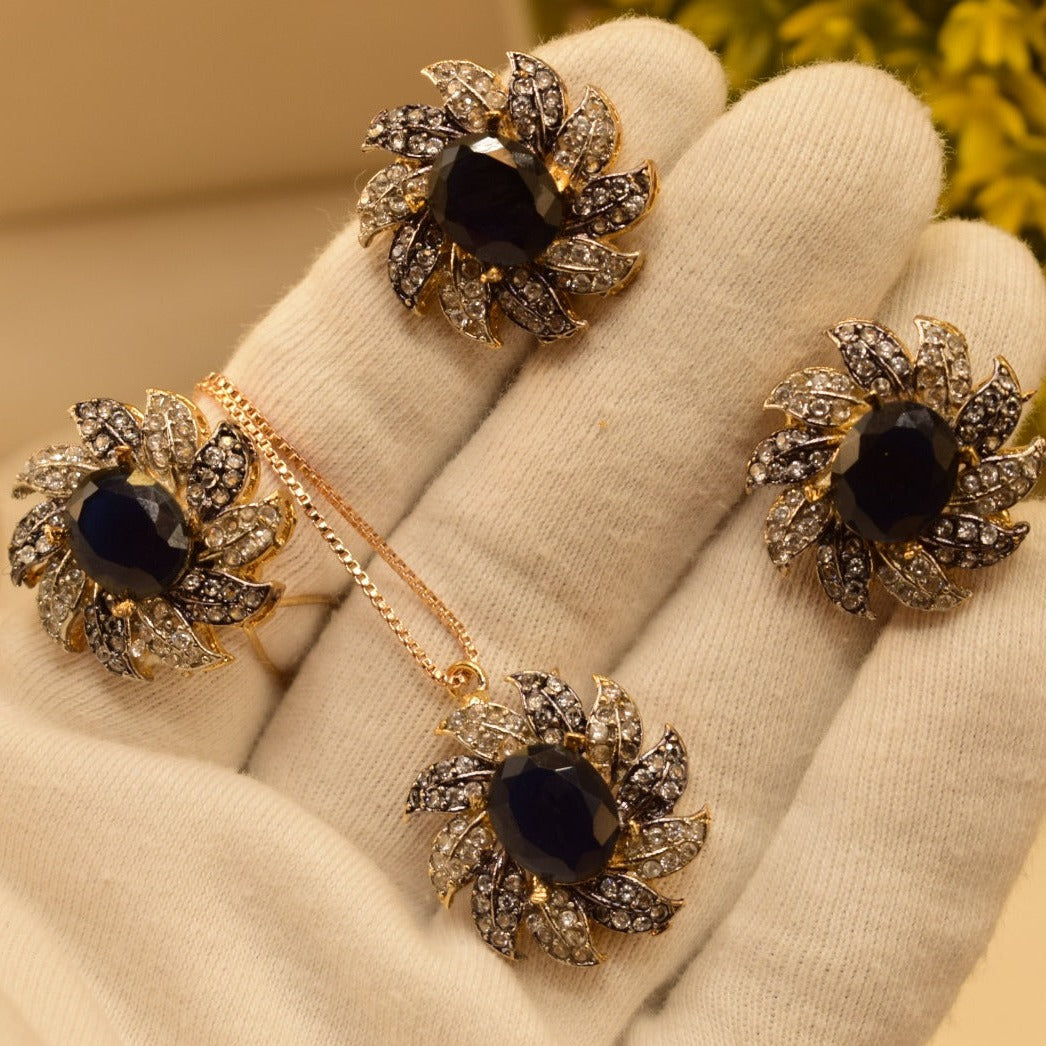 Unique Design Real Stone Gold Plated Necklace Set With Ring for Girls/Women