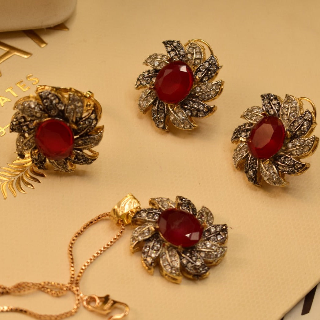 Unique Design Real Stone Gold Plated Necklace Set With Ring for Girls/Women