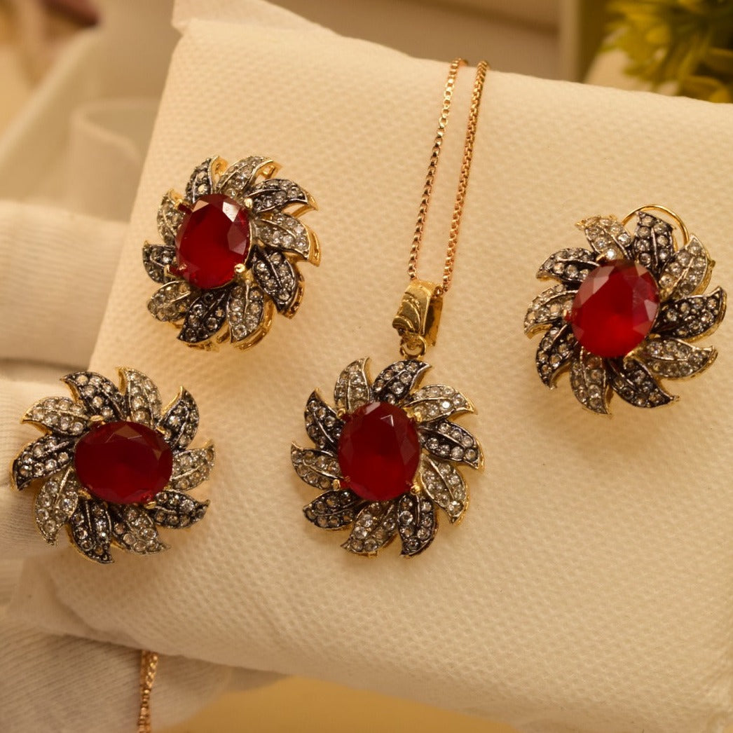 Unique Design Real Stone Gold Plated Necklace Set With Ring for Girls/Women