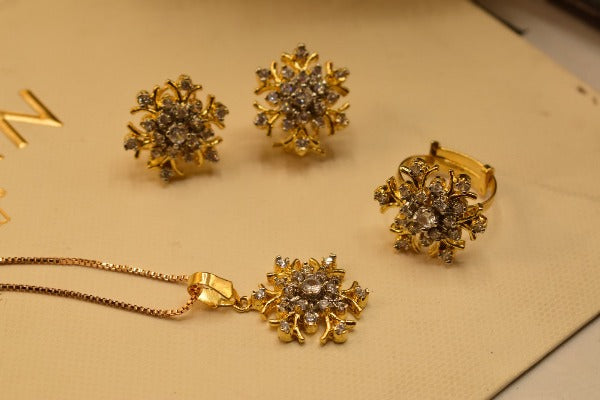 Elegant Fancy Golden Flower Zircon Necklace Sets for Girls/Women