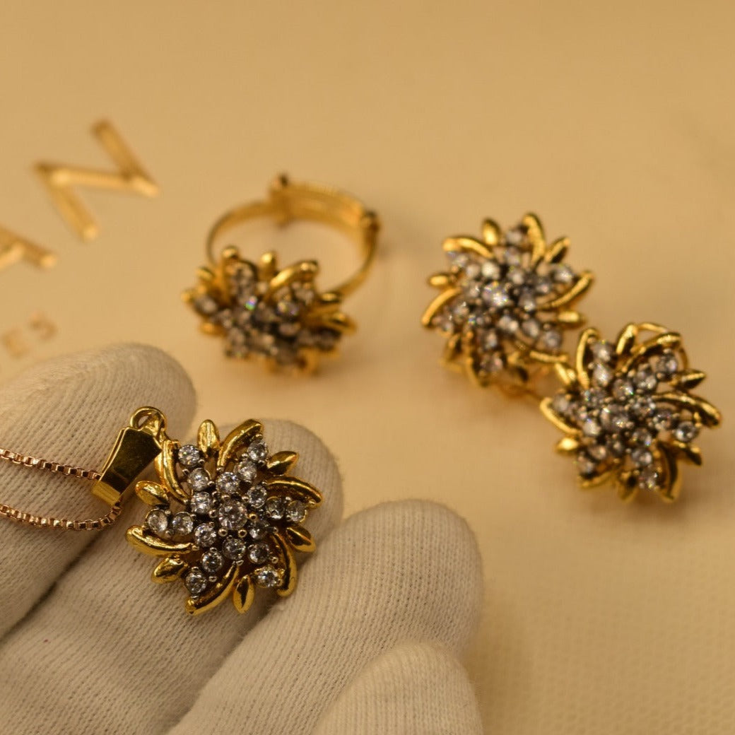 Elegant Fancy Golden Flower Zircon Necklace Sets for Girls/Women