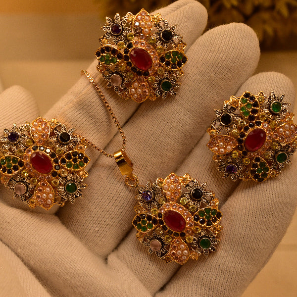 Luminous Unique Design Gold Plated Real Stones Necklace Set for Girls/Women