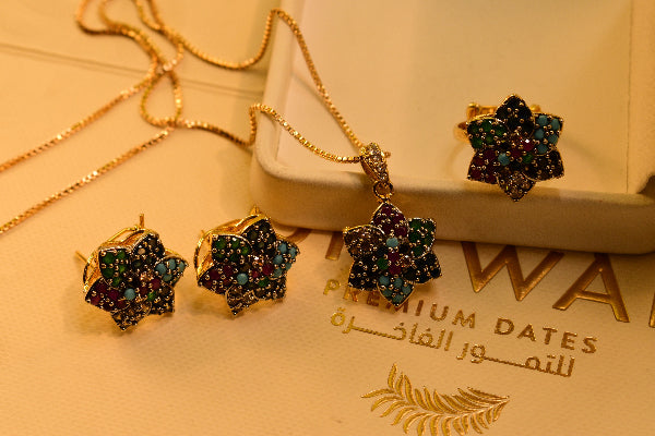 Glamorous Design Gold Plated Multi Jarao Stones Necklace Set for Girls/Women