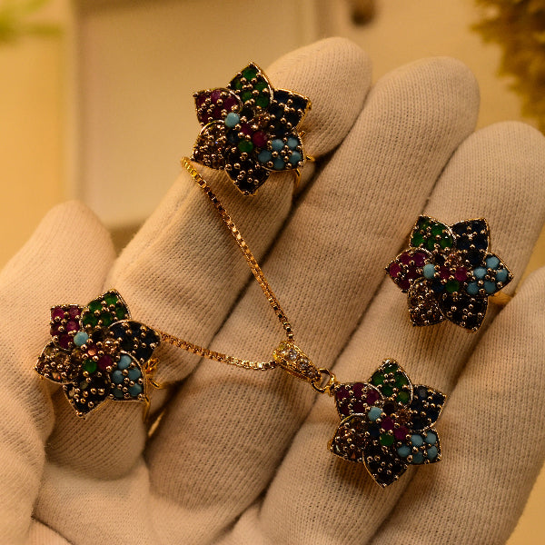 Glamorous Design Gold Plated Multi Jarao Stones Necklace Set for Girls/Women