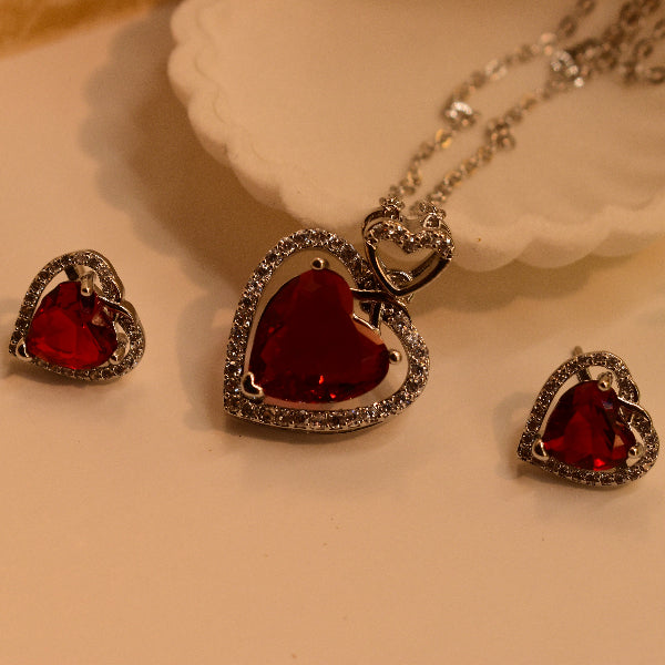 Beautiful Heart Design Silver Plated Real Stones Necklace Set for Girls/Women