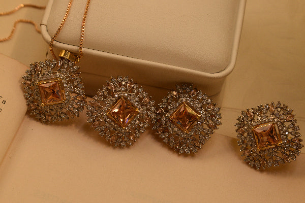 Luminous Unique Design Gold Plated Real Stones Necklace Set for Girls/Women