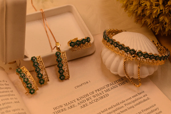 Charming Design Gold Plated Real Stones Necklace Set With Bangle for Girls/Women