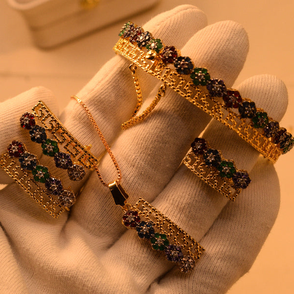 Charming Design Gold Plated Real Stones Necklace Set With Bangle for Girls/Women