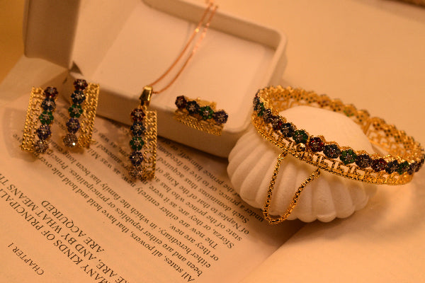 Charming Design Gold Plated Real Stones Necklace Set With Bangle for Girls/Women