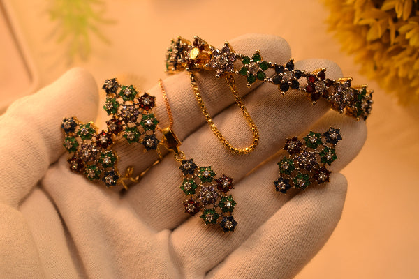 Luminous Design Gold Plated Crystal Stones Necklace Set and Bangle for Girls/Women