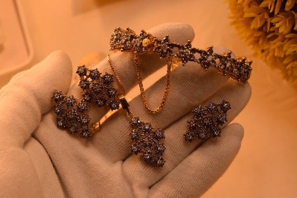 Luminous Design Gold Plated Crystal Stones Necklace Set and Bangle for Girls/Women
