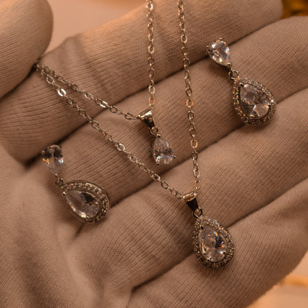 Sparkling Design Silver Plated Crystal Stones Necklace Set for Girls/Women