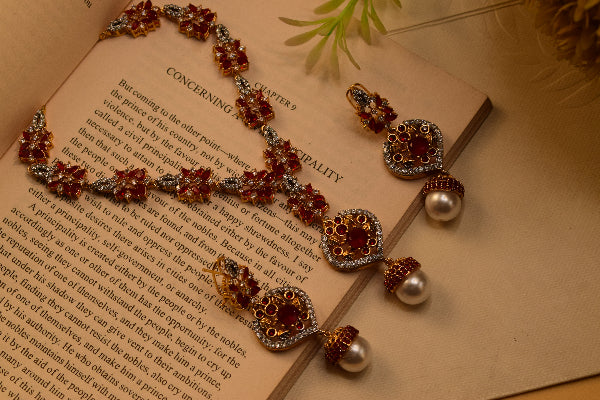 Fancy Design Gold Plated Crystal Stones Necklace Set for Girls/Women