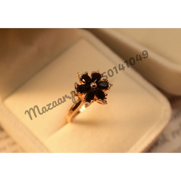 Beautiful Black Flower Golden Crystal Ring for Girls/Women - Meerzah