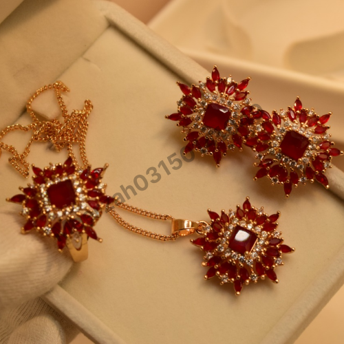 Original zircons studded 18k coated necklace set with ring for Girls/Women