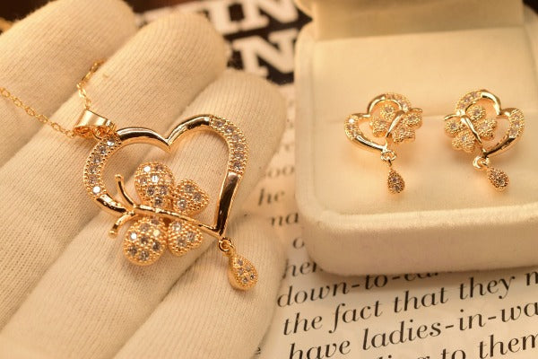 Heart Butterfly Fancy Gold Plated Necklace Sets for Girls/Women - Meerzah