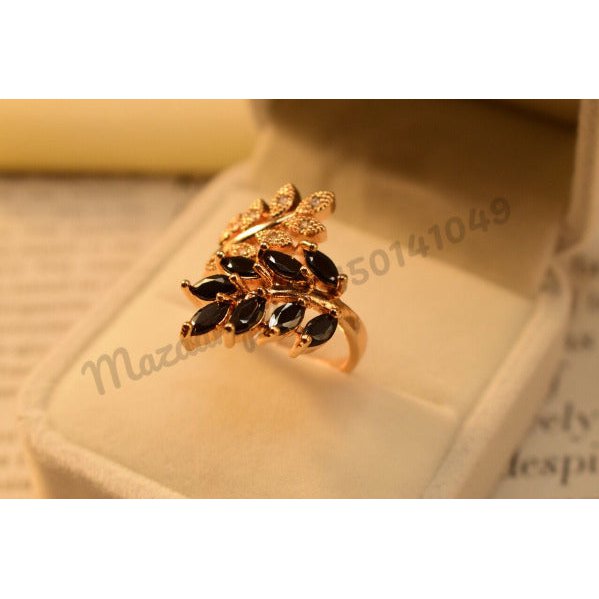 Antique Leaf Black Zircon Golden Crystal Ring for Girls/Women - Meerzah