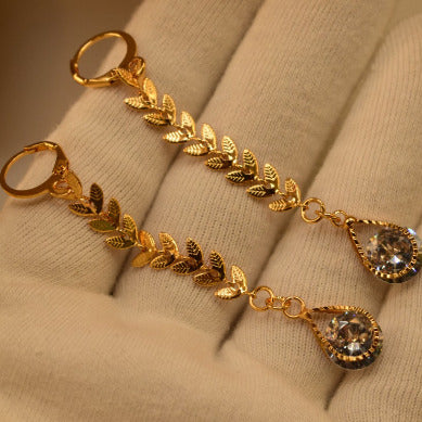 Sterling Golden Leaf Long Crystal Earings for Girls/Women - Meerzah