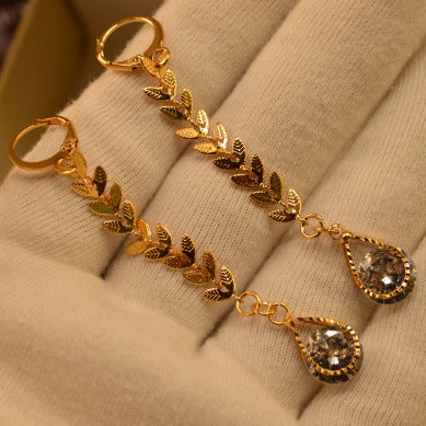 Sterling Golden Leaf Long Crystal Earings for Girls/Women - Meerzah