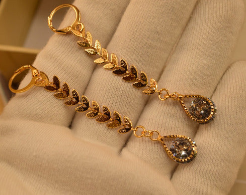 Sterling Golden Leaf Long Crystal Earings for Girls/Women - Meerzah