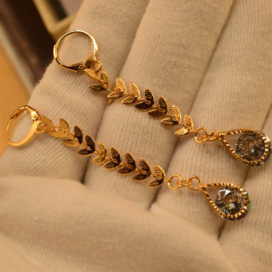 Sterling Golden Leaf Long Crystal Earings for Girls/Women - Meerzah