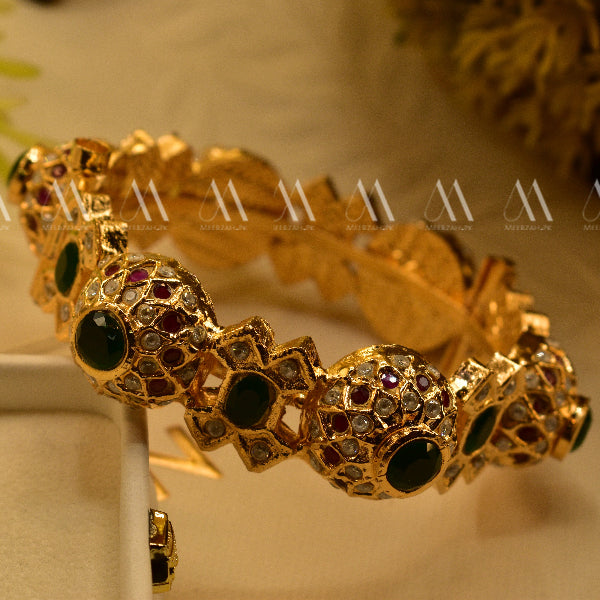 24K Gold Plated Real Stones Kundan Bangle for Girls/Women