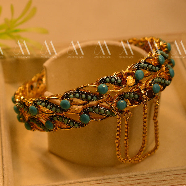 Stylish Unique Design Real Stones Gold Plated 2pc Bangles Set for Girls/Women