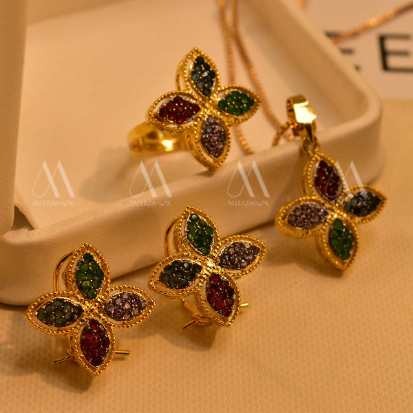 Unique Flower Design Gold Plated Real Stones Necklace Set for Girls/Women