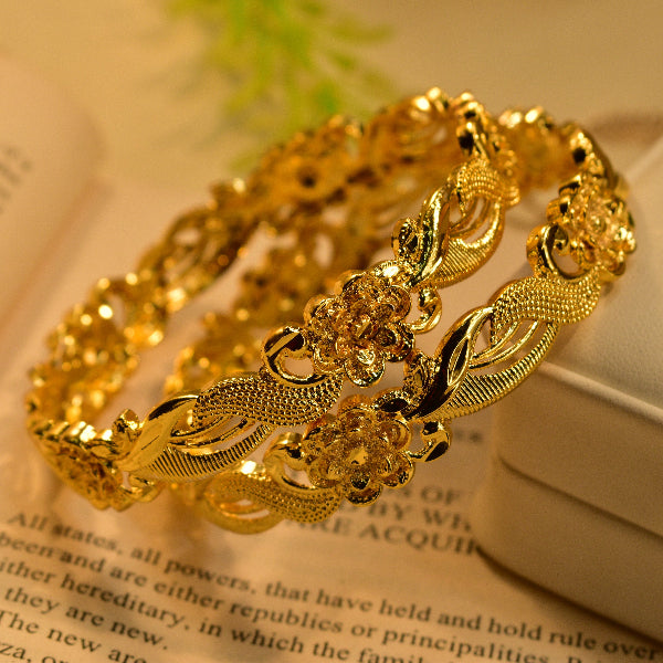 Glamorous Flower Design Gold Plated 2pc Bangle Set for Girls/Women