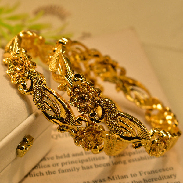 Glamorous Flower Design Gold Plated 2pc Bangle Set for Girls/Women