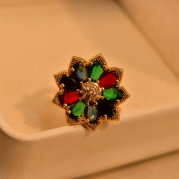 Beautiful Flower Design Gold Plated Real Stones Ring For Girls/Women