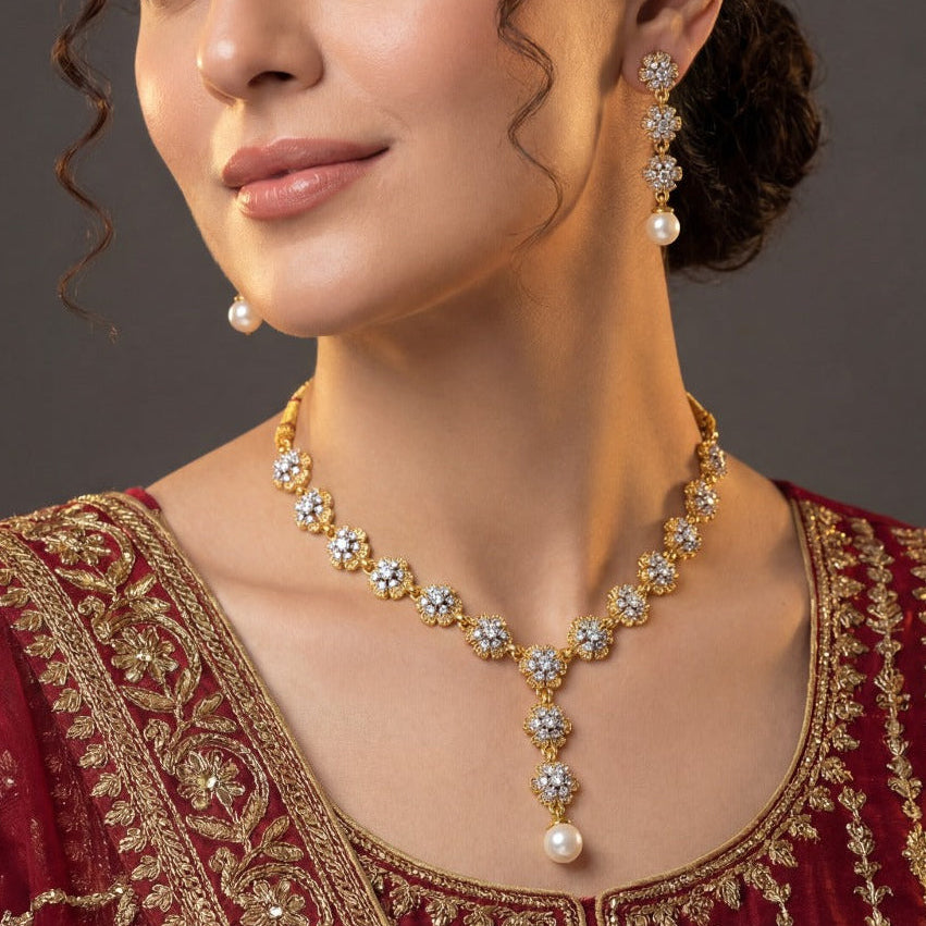 Fancy Unique Design Gold Plated Crystal Stones Necklace Set for Girls/Women