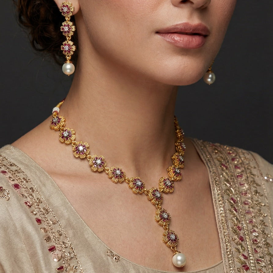 Fancy Unique Design Gold Plated Crystal Stones Necklace Set for Girls/Women