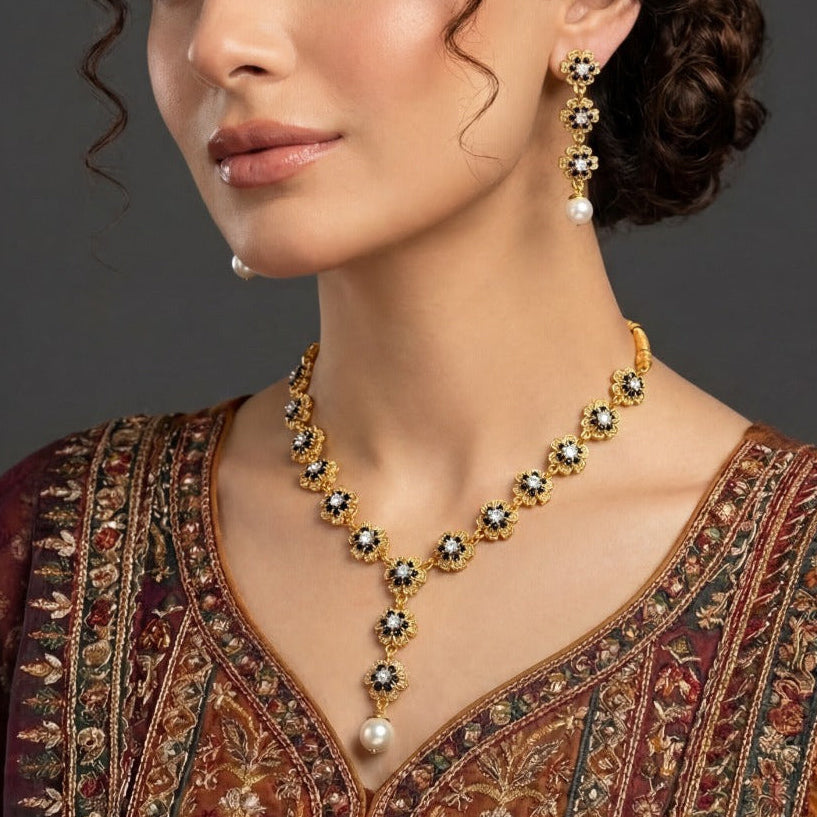 Fancy Unique Design Gold Plated Crystal Stones Necklace Set for Girls/Women