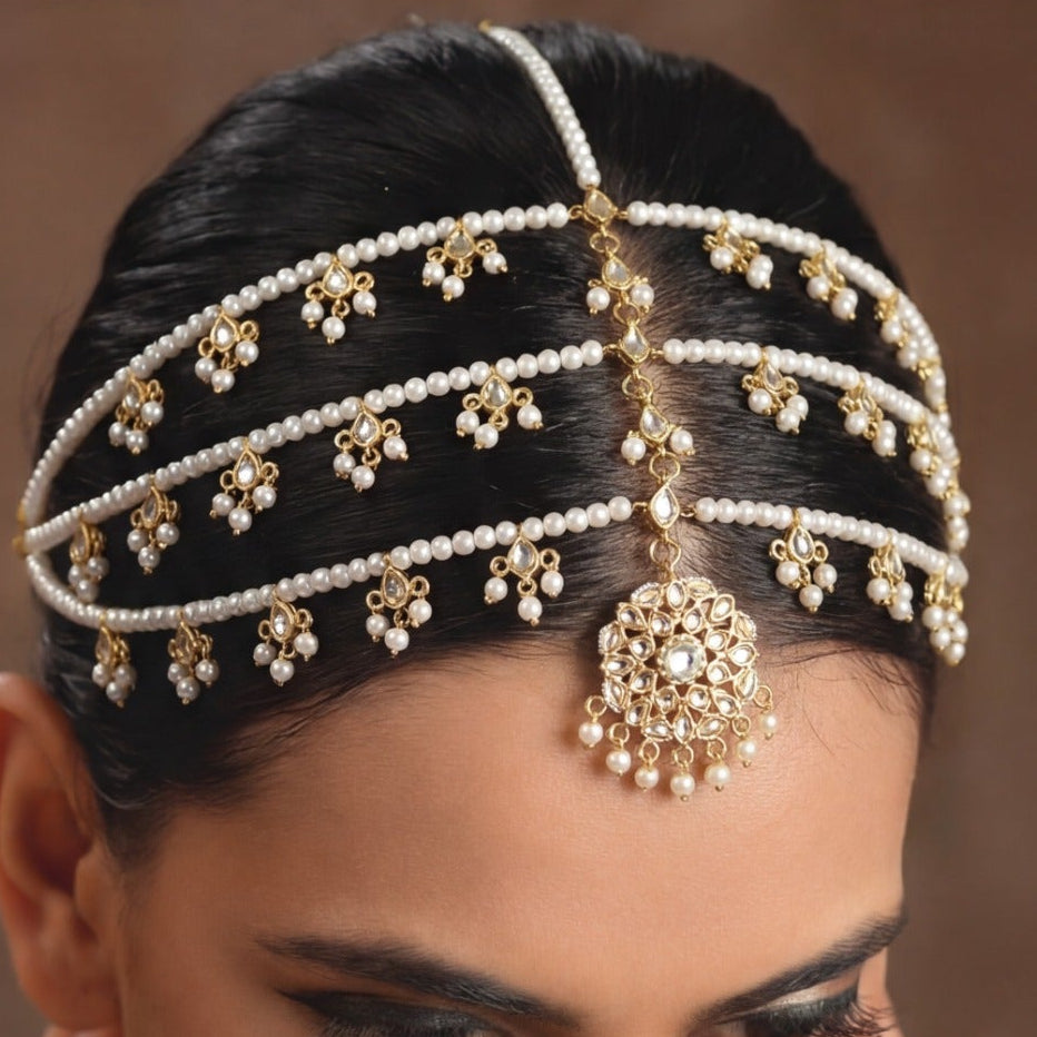 Elegant Unique Design Gold Plated Pearls Matha Pati For Girls/women