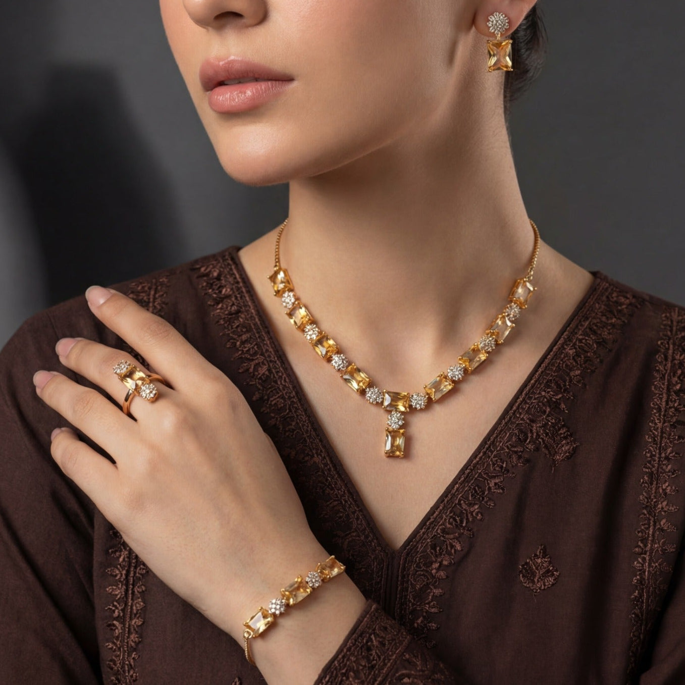 Charming Design Gold Plated Crystal Stones Necklace Set with Bracelet for Girls/Women