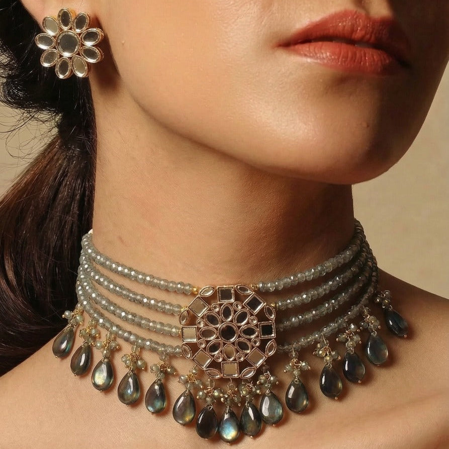 Glamorous Design Gold Plated Crystal Stones Necklace Set for Girls/Women