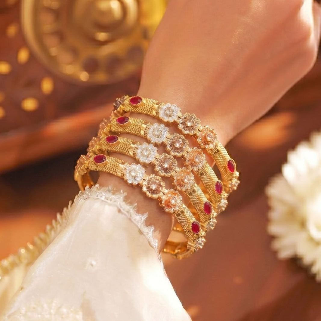 Sparkling Unique Design Gold Plated 4pc Bangle Set For Girls/women