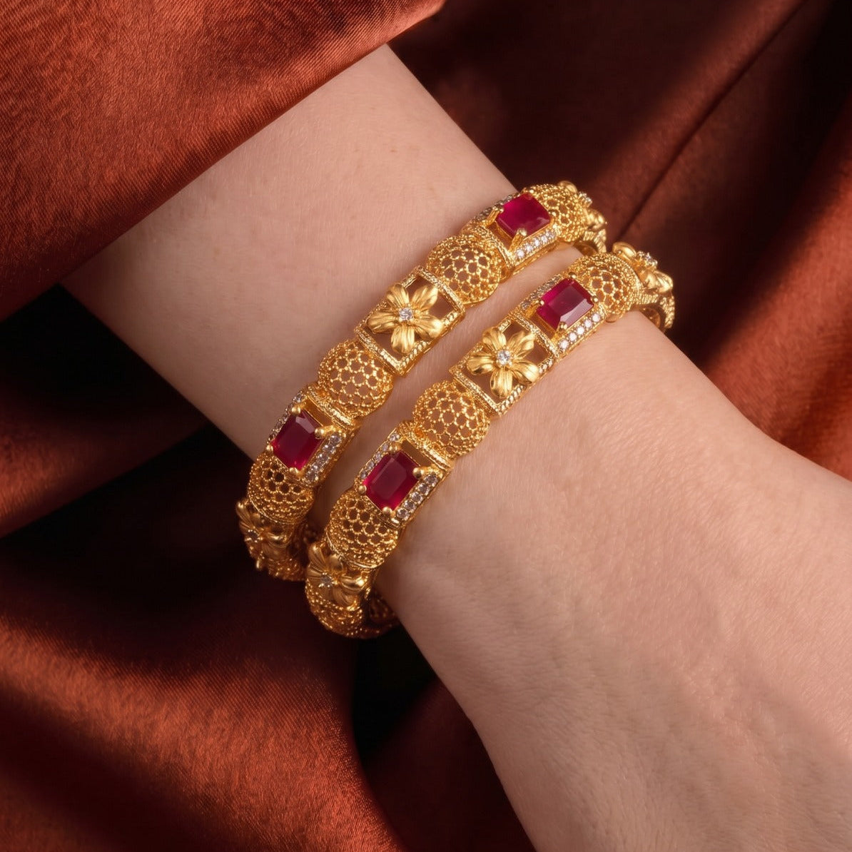 Elegant Design Gold Plated Crystal Stones 2pc Bangle Set For Girls/women