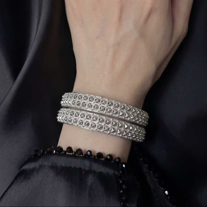 Dazzling Unique Design Silver Plated 2pc Bangle Set For Girls/women