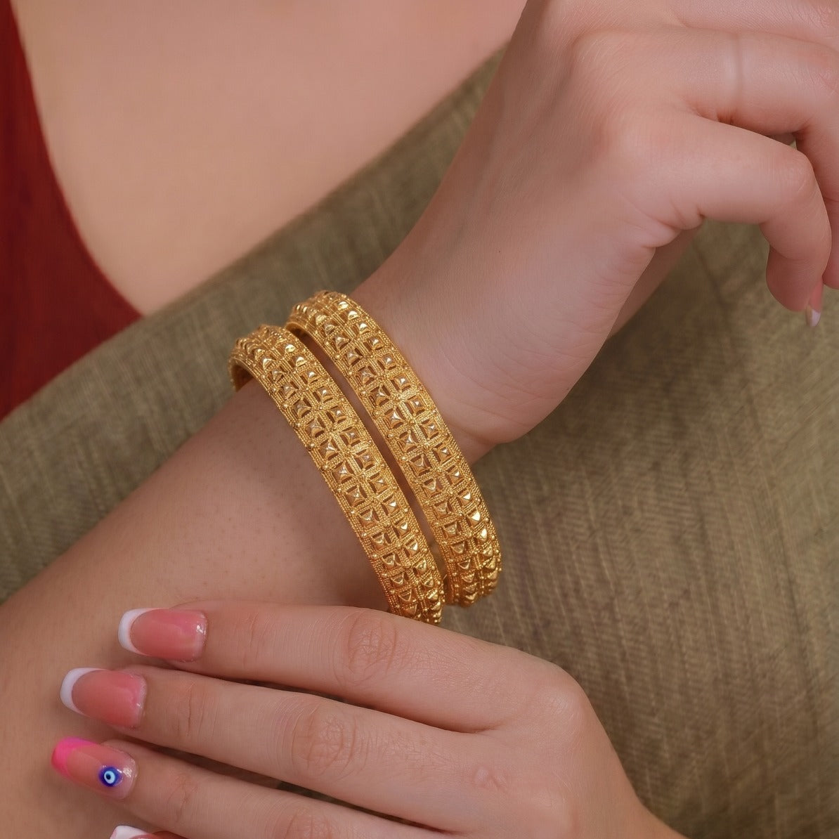 Sparkling Unique Design Gold Plated 2pc Bangle Set For Girls/women