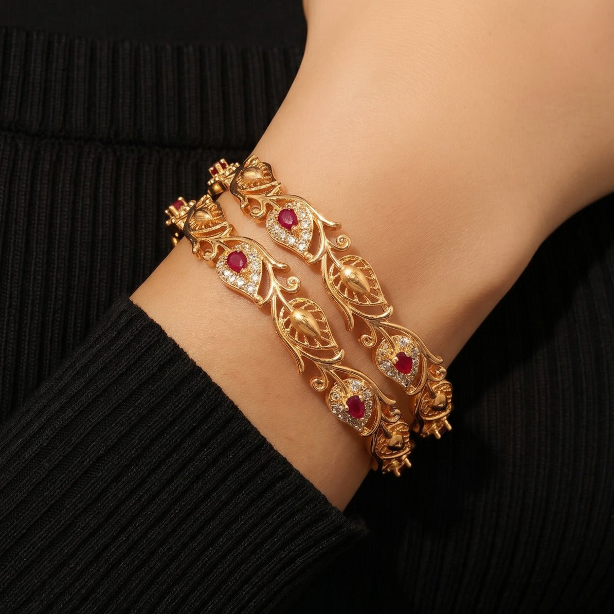 Stylish Design Gold Plated Crystal Stones 2pc Bangle Set For Girls/women