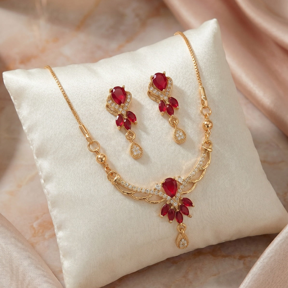 Sparkling Design Gold Plated Crystal Stones Necklace set For Girls/Women