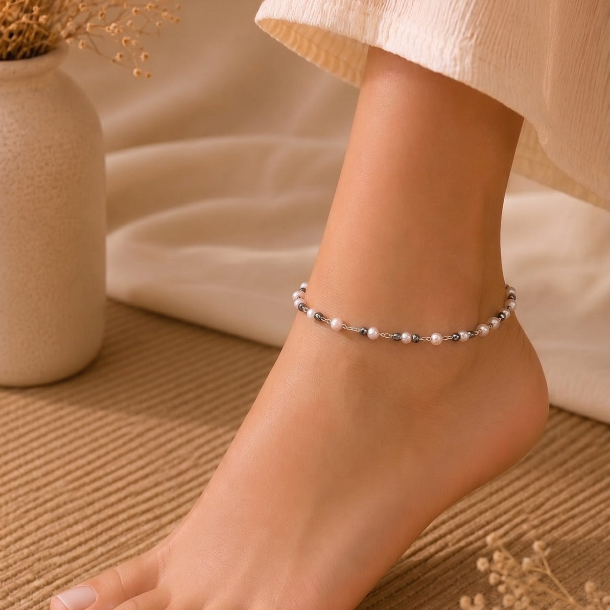 Sparkling Unique Design Silver Plated Pearls Anklet for Girls/Women