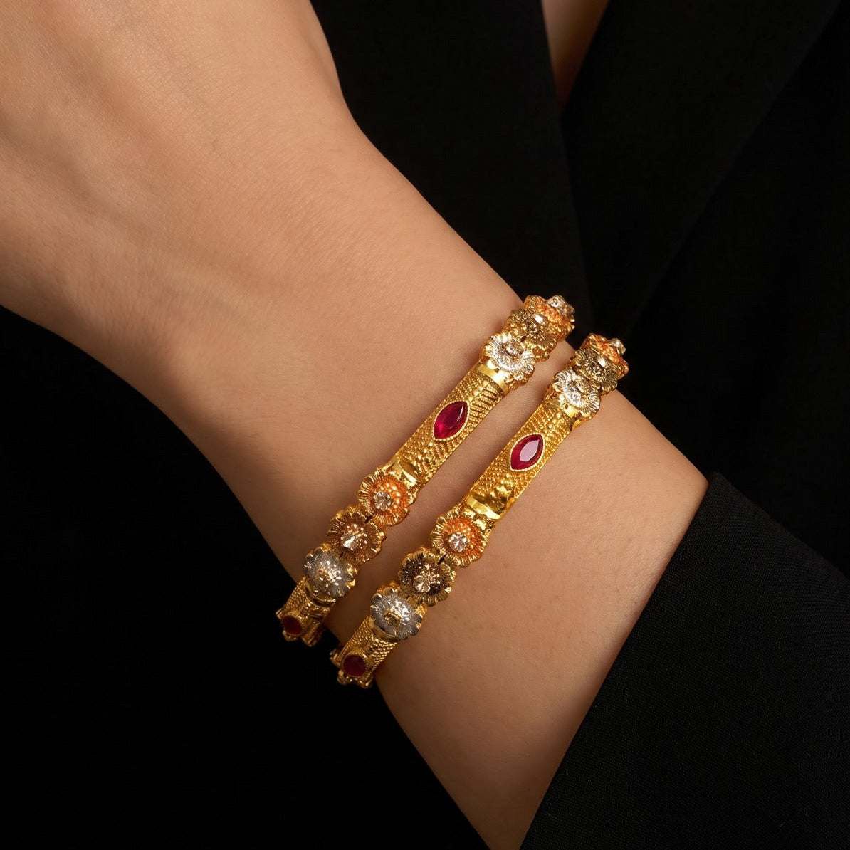 Sparkling Design Gold Plated Crystal Stones 2pc Bangle Set For Girls/Women