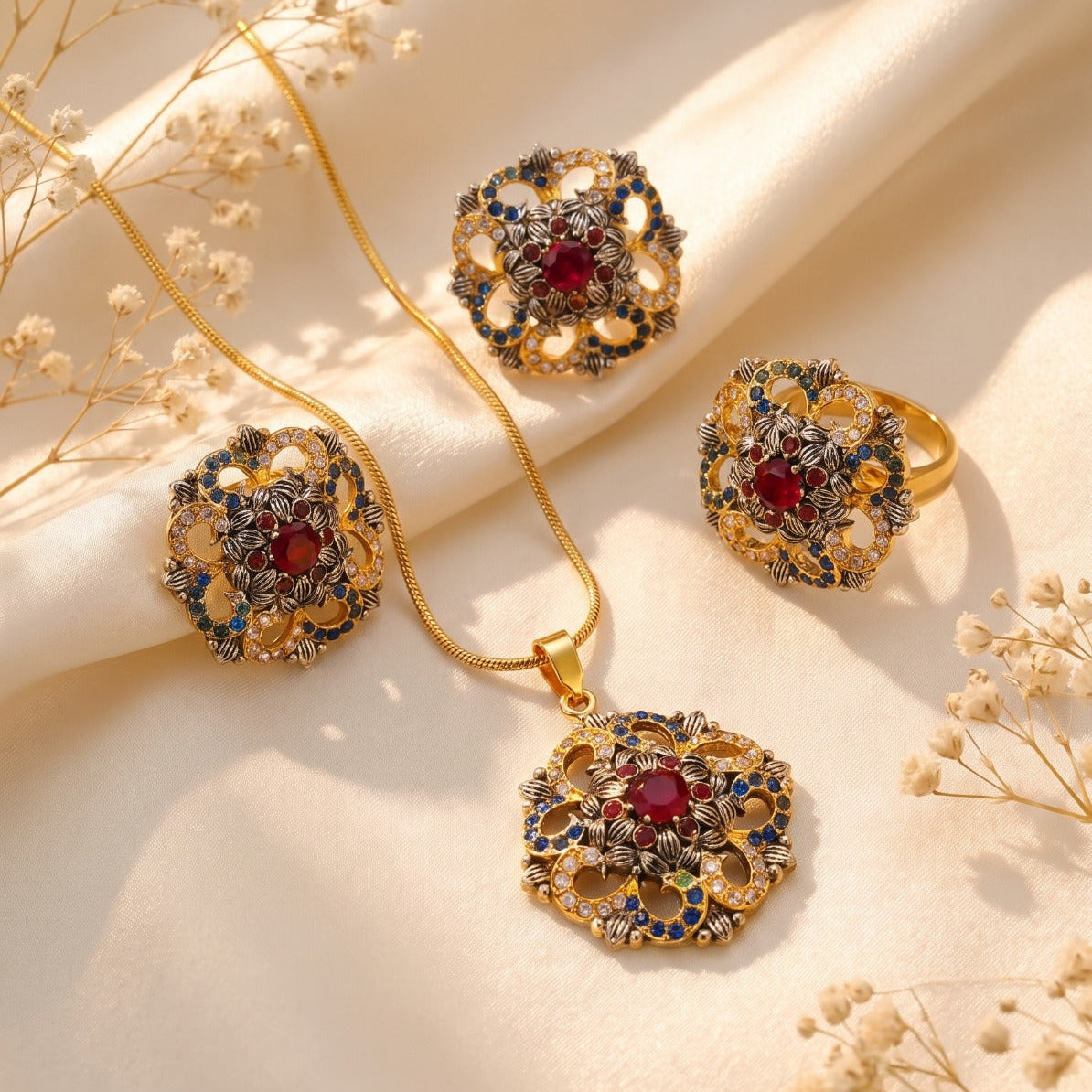 Charming Design Gold Plated Crystal Stones Necklace Set for Girls/Women