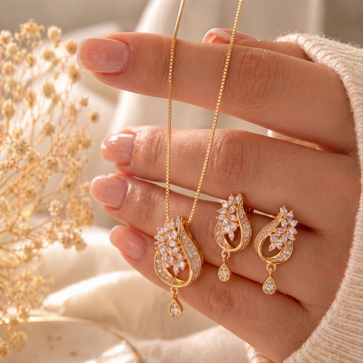 Sparkling Design Gold Plated Crystal Stones Necklace Set for Girls/Women