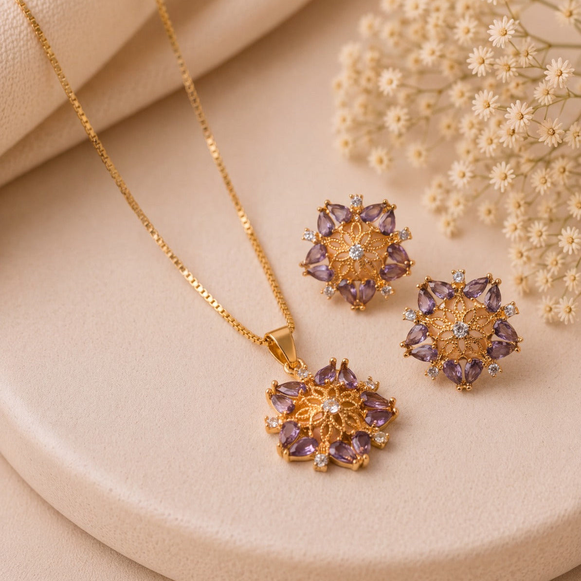 Luxury Design Gold Plated Crystal Stones Necklace Set for Girls/Women